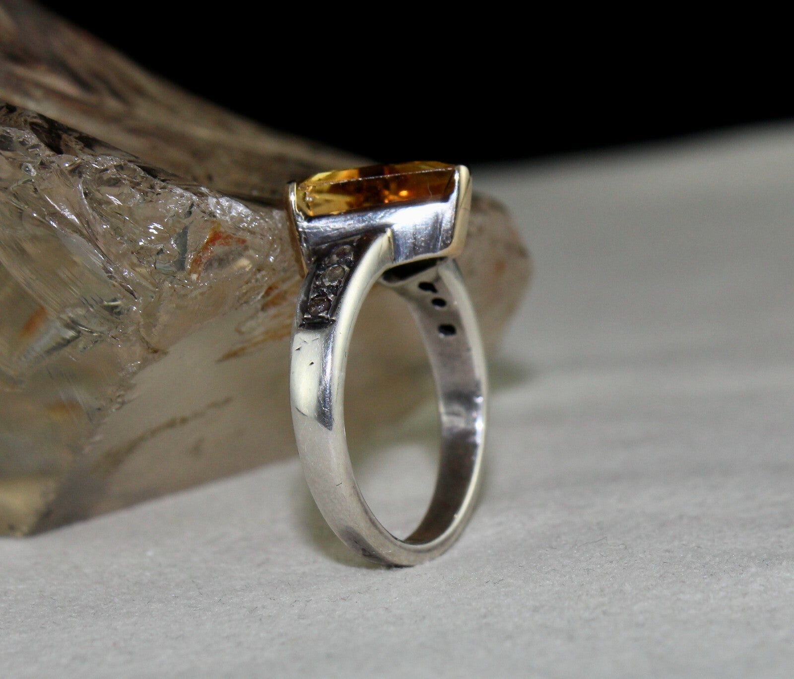 Vintage Natural Yellow Citrine 10ct Oval Natural Diamond 18k Gold Silver Ring