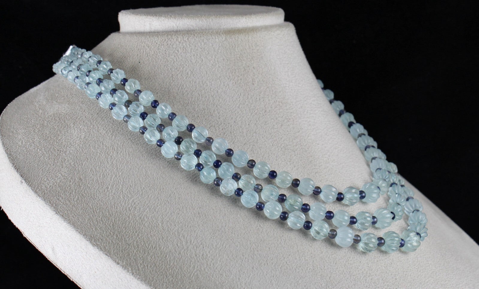 Certified Natural Aquamarine 347 Ct Iolite Carved Melon Gemstone Necklace