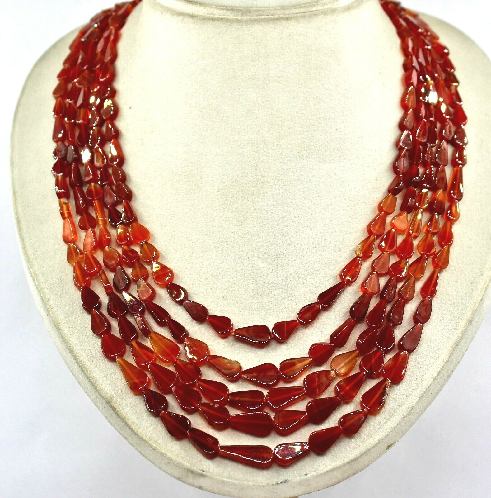 Red Onyx Beaded Necklace Fancy Shape 5 Line 541 Carats Gemstone Silver Clasp