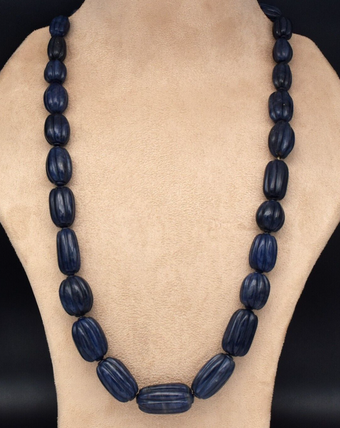 Vintage Necklace Natural Beads Blue Jade Carved long Gemstone 861 Ct Silver Hook