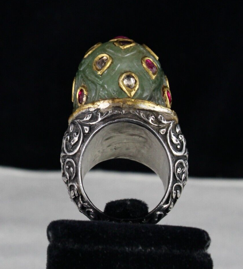 ANTIQUE COLOMBIAN EMERALD CARVED RUBY DIAMOND GOLD JADAU LADIES 925 SILVER RING