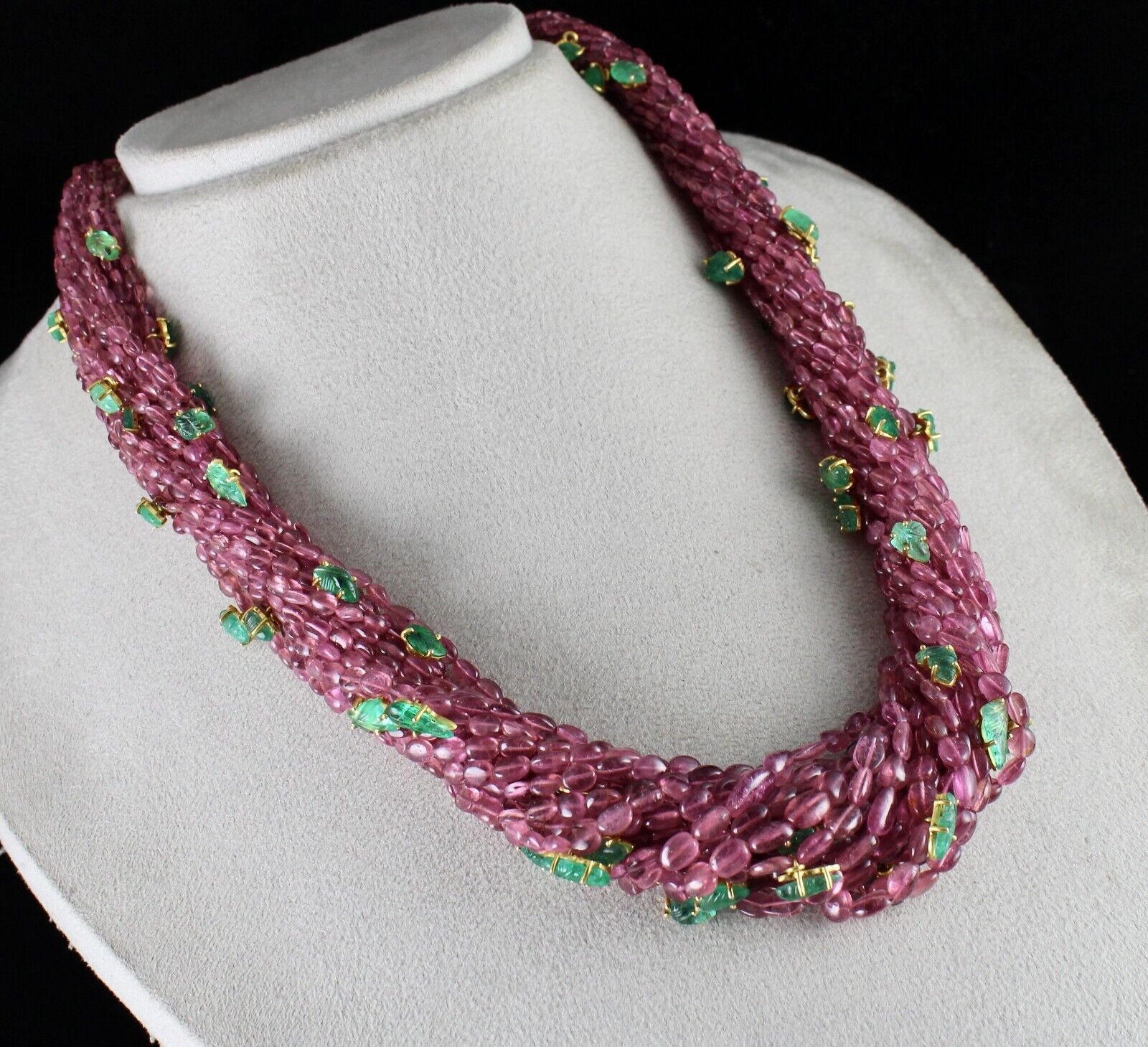 NATURAL PINK TOURMALINE BEADS EMERALD LEAVES 892 CT SILVER STATEMENT NECKLACE