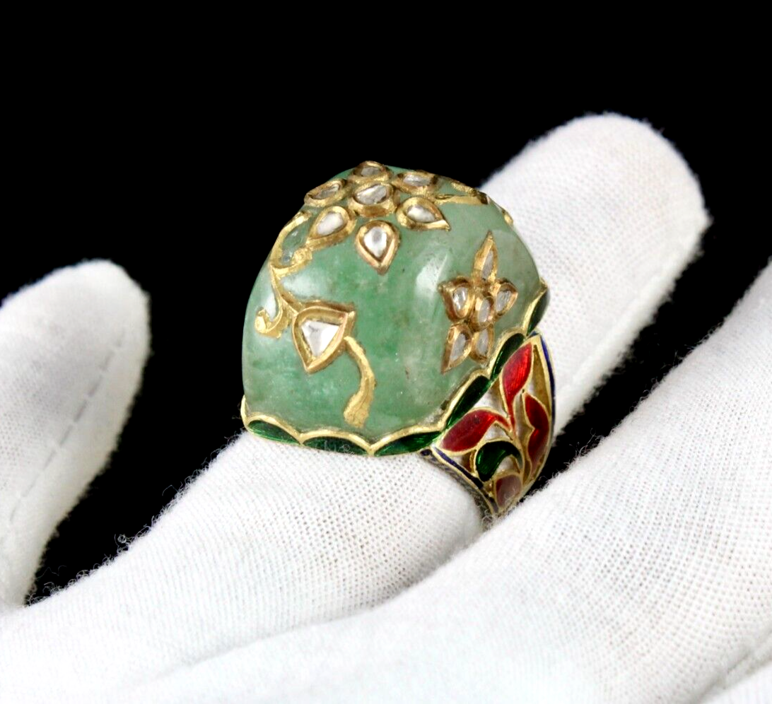 Antique Natural Colombian Emerald 10ct Diamond Kundan Meena Jadau Certified Ring