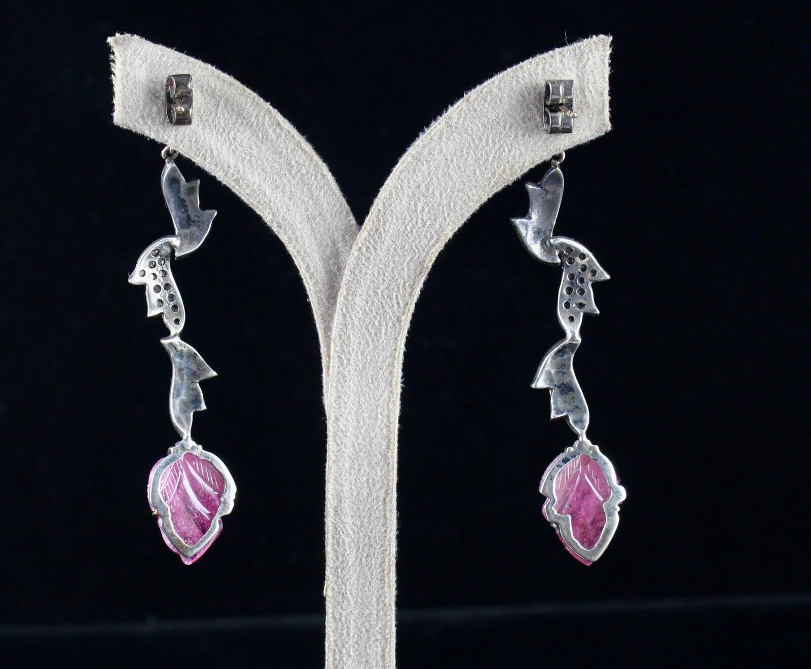 NAURAL PINK TOURMALINE CARVED DIAMOND 18K GOLD  925 SILVER VICTORIAN EARRING