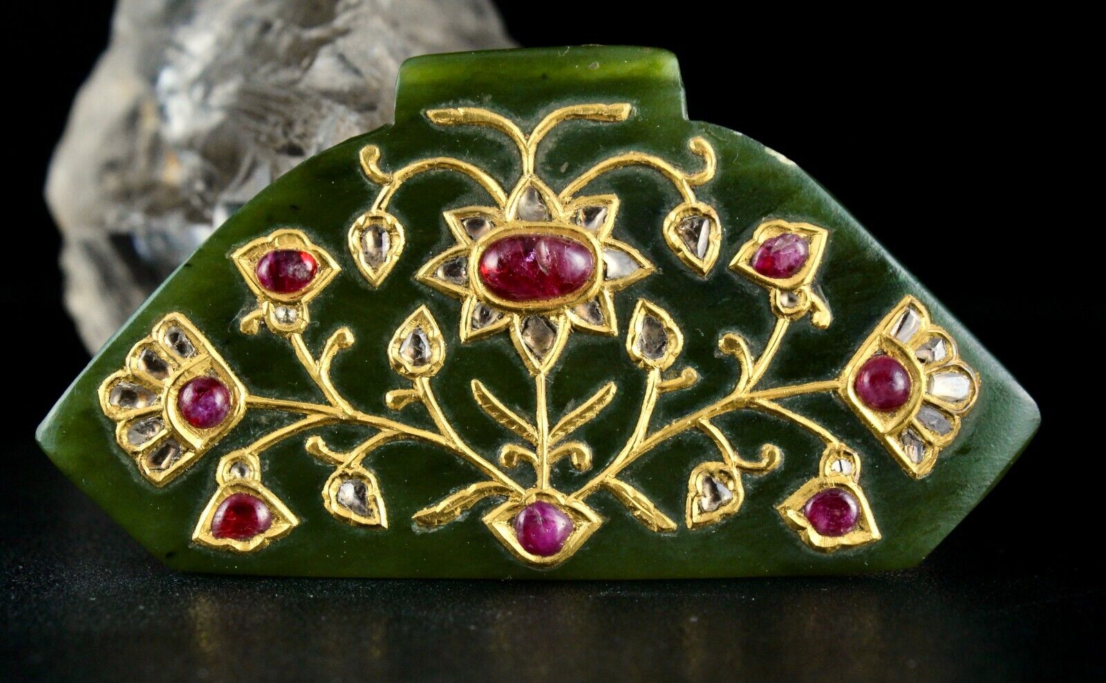 Natural Green Jade Old Pendant Flat Diamond Ruby 22K Gold Jadau Statement Piece