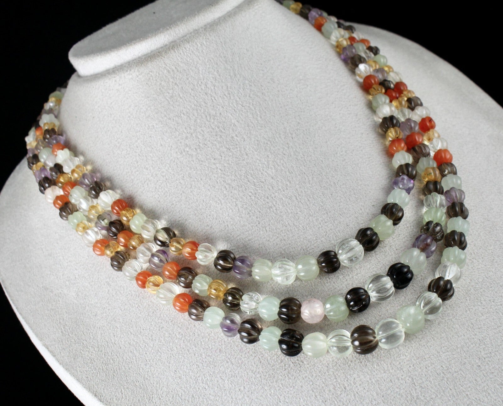 Classic Multi Natural Semi Precious 588 Ct Carved Melon Beaded Necklace 3 Line