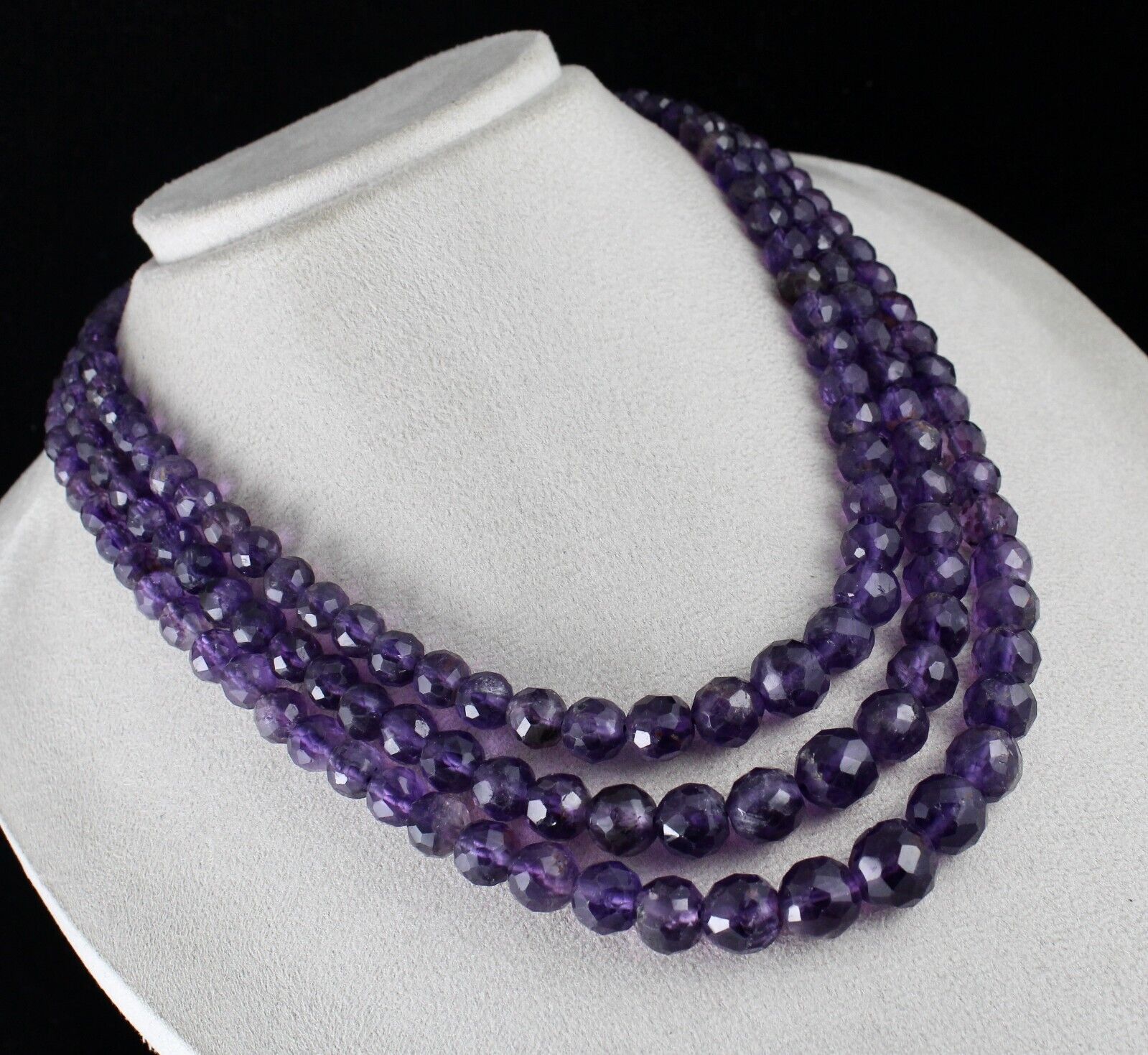 Natural Amethyst Round Faceted Beaded Necklace 3 Line 839 Carats Finest Gemstone