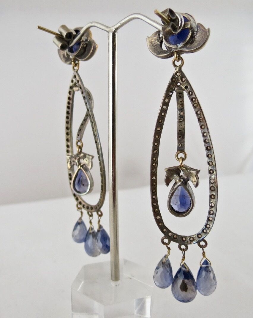 ANTIQUE NATURAL BLUE IOLITE CUT DIAMOND 18K GOLD & 925 SILVER VICTORIAN EARRING