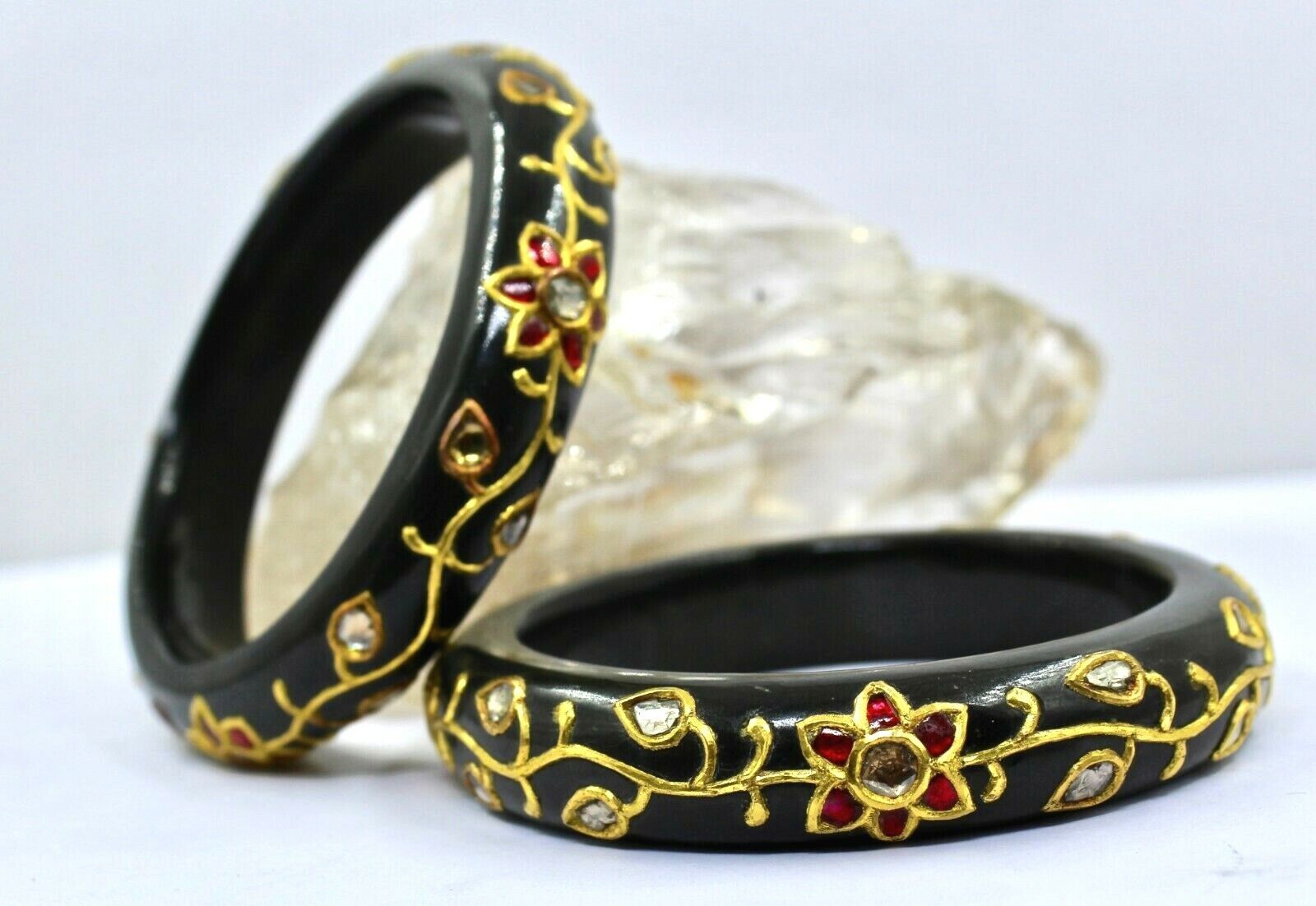 22k YellowGold Black Jade Ladies Bangle Pair Studded Ruby Diamond Jadau Gemstone