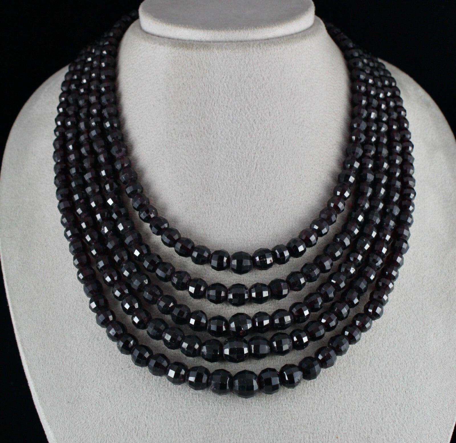 Natural Garnet 1859 Carat Beaded 5 Line Necklace Round Gem Sterling Silver Clasp