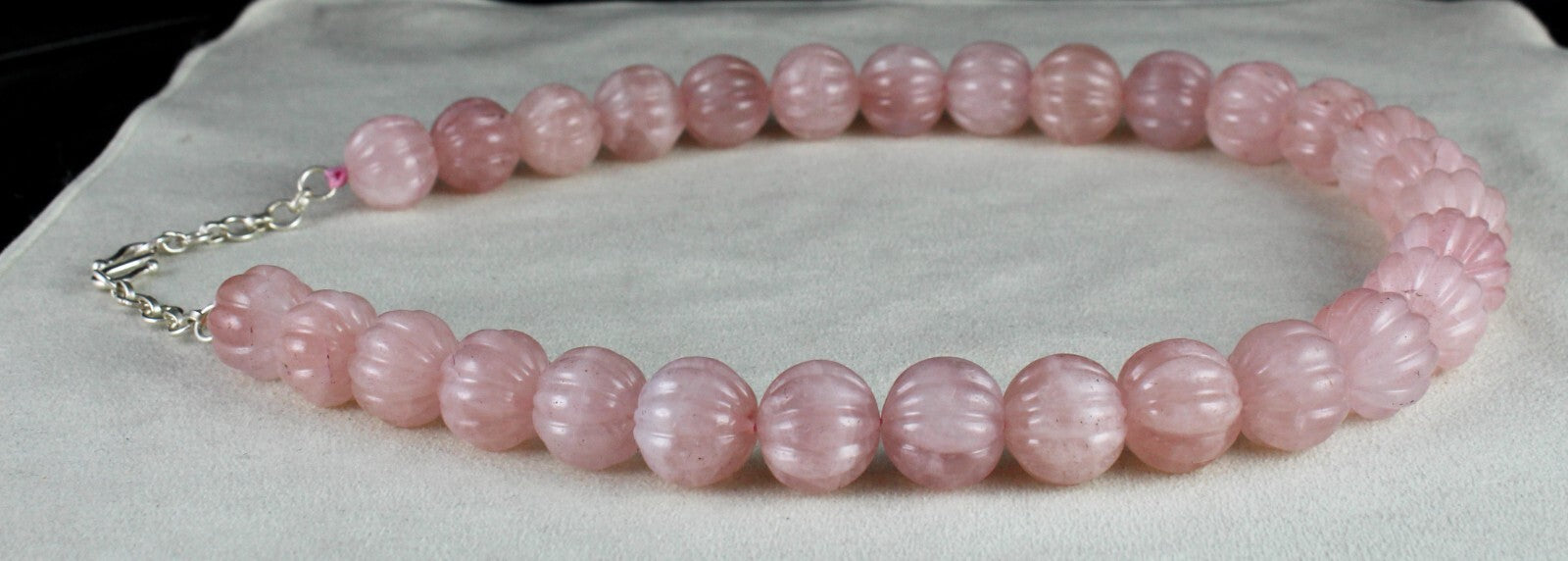 Natural Rose Quartz Melon Carved Beads Necklace 1185ct Gemstone Sterling Silver