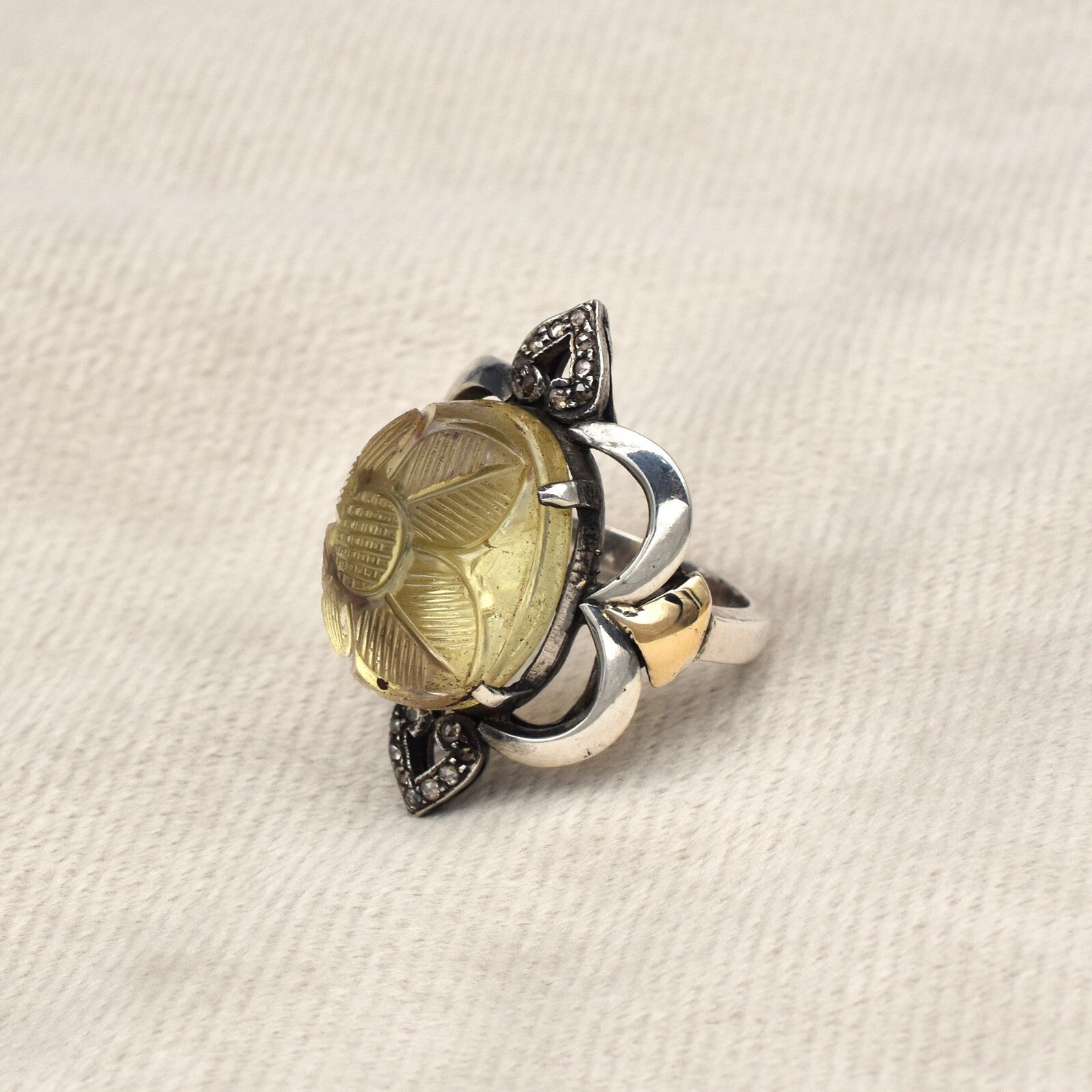 Antique Lemon Quartz 64.35ct Natural Diamond 18k Gold 925 Sterling Silver Ring