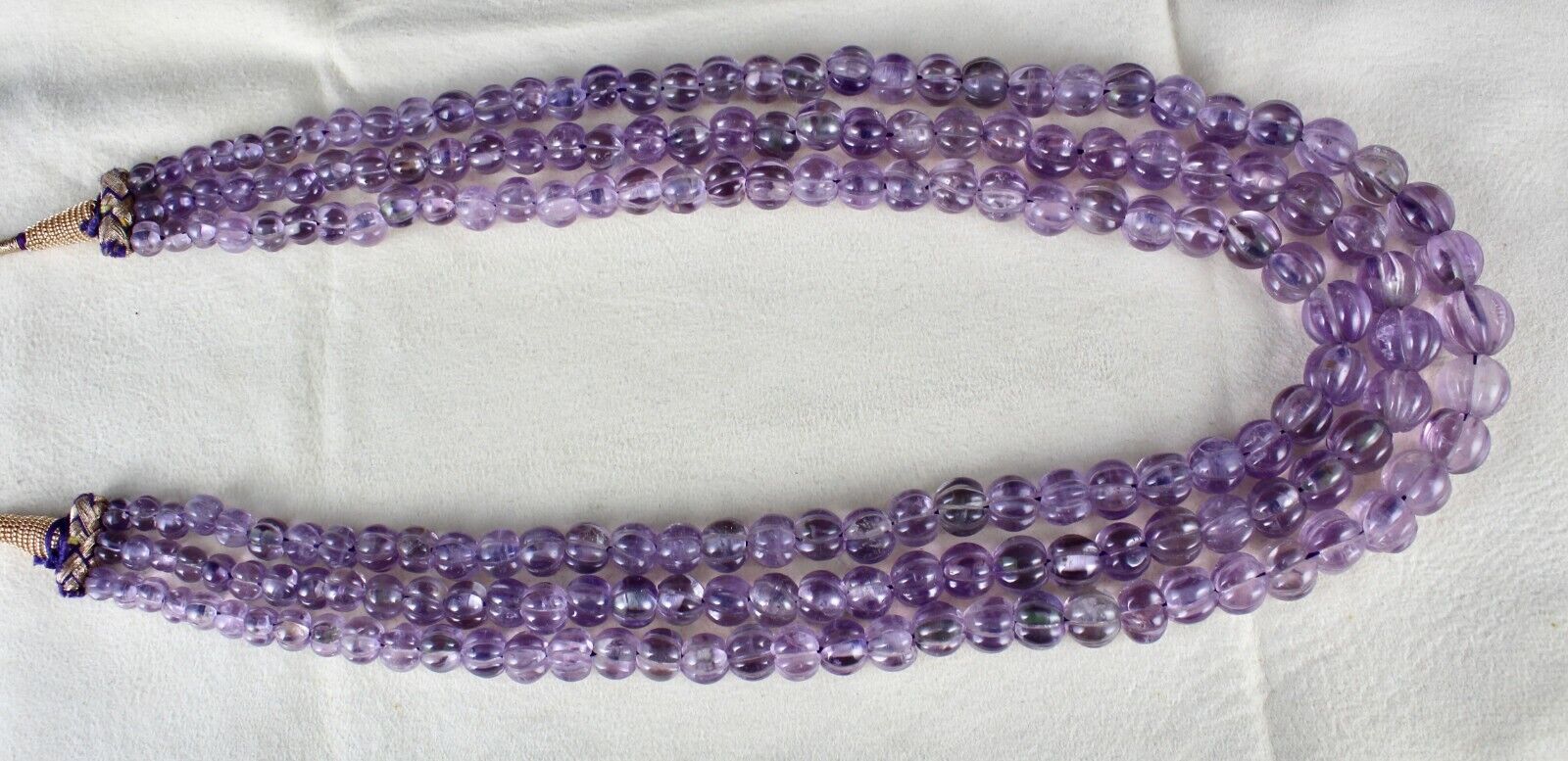 ANTIQUE NATURAL AMETHYST BEADS CARVED MELON 3 LINE 583 CARATS GEMSTONE NECKLACE