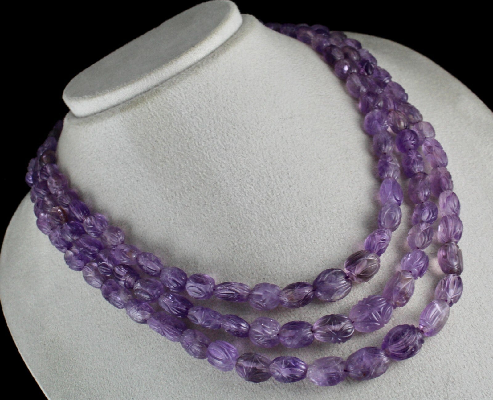 Antique Carved Amethyst Beads Necklace 716 Ct Sterling Silver 3 Line Gemstone