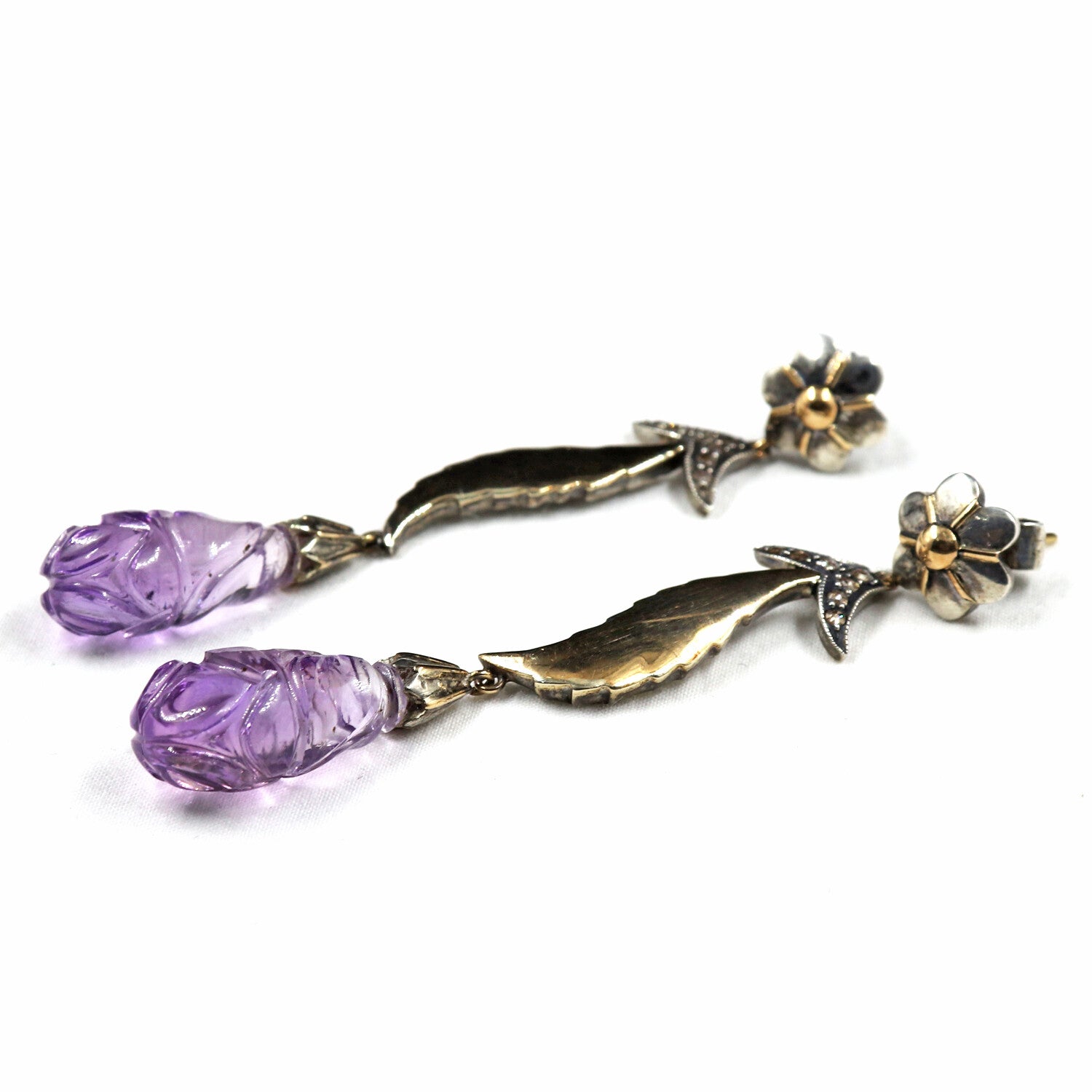Victorian 18k Gold & 925 Sterling Silver Amethyst 10ct Natural Diamond Earring