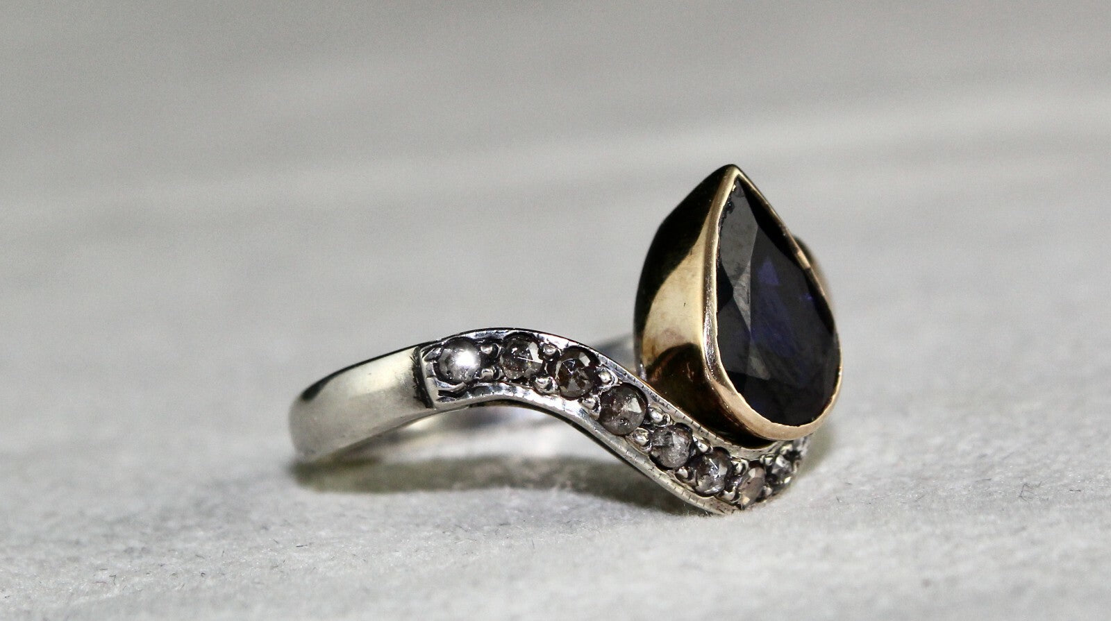 Antique Natural Blue Iolite 10ct Pear Cut Natural Diamond 18k Gold Silver Ring