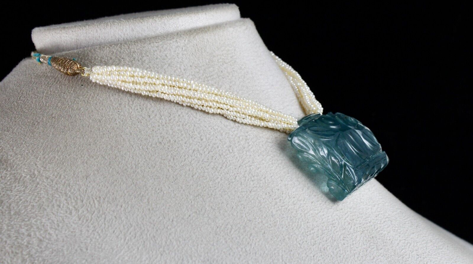 Natural Blue Aquamarine Carved 176.20 Ct Pearl Gemstone Old Antique Necklace