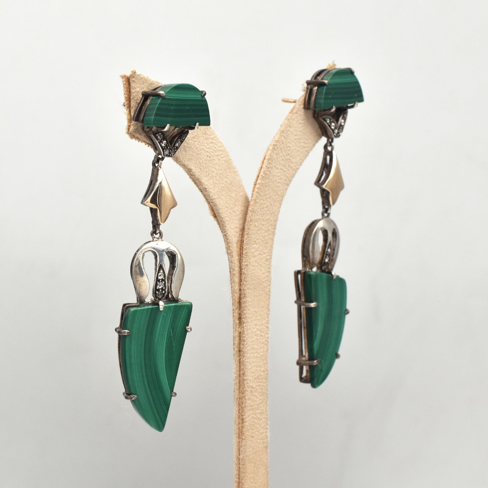 Vintage Natural Green Malachite Diamond 10ct Victorian Sterling Silver Earrings