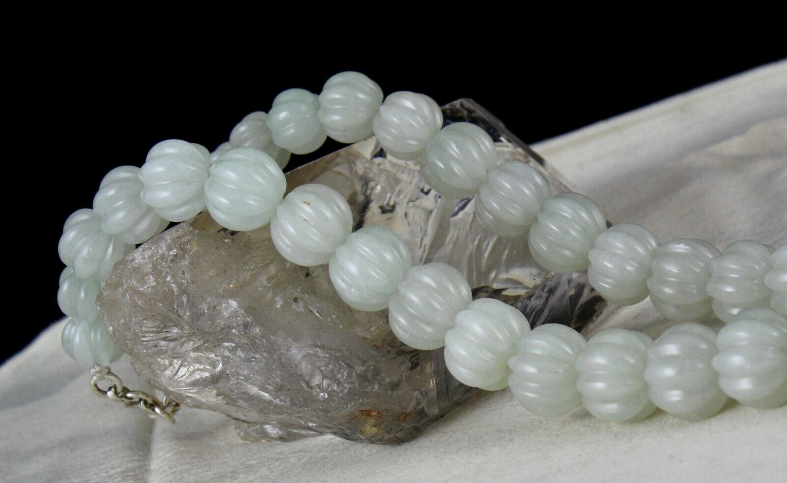 NATURAL INDIAN JADE MELON CARVED BEADS 1 L 828 CARATS GEMSTONE SILVER NECKLACE