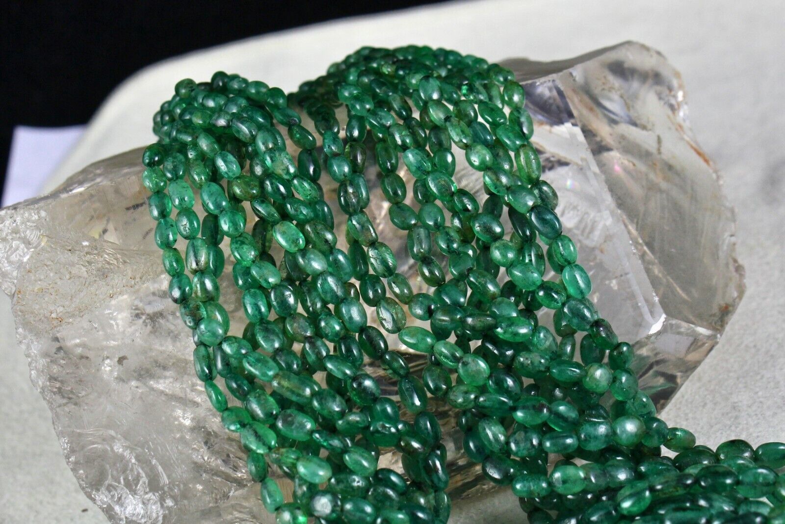 ANTIQUE OLD NATURAL EMERALD BEADS CABOCHON 11 LINE 442 CARATS PRECIOUS NECKLACE