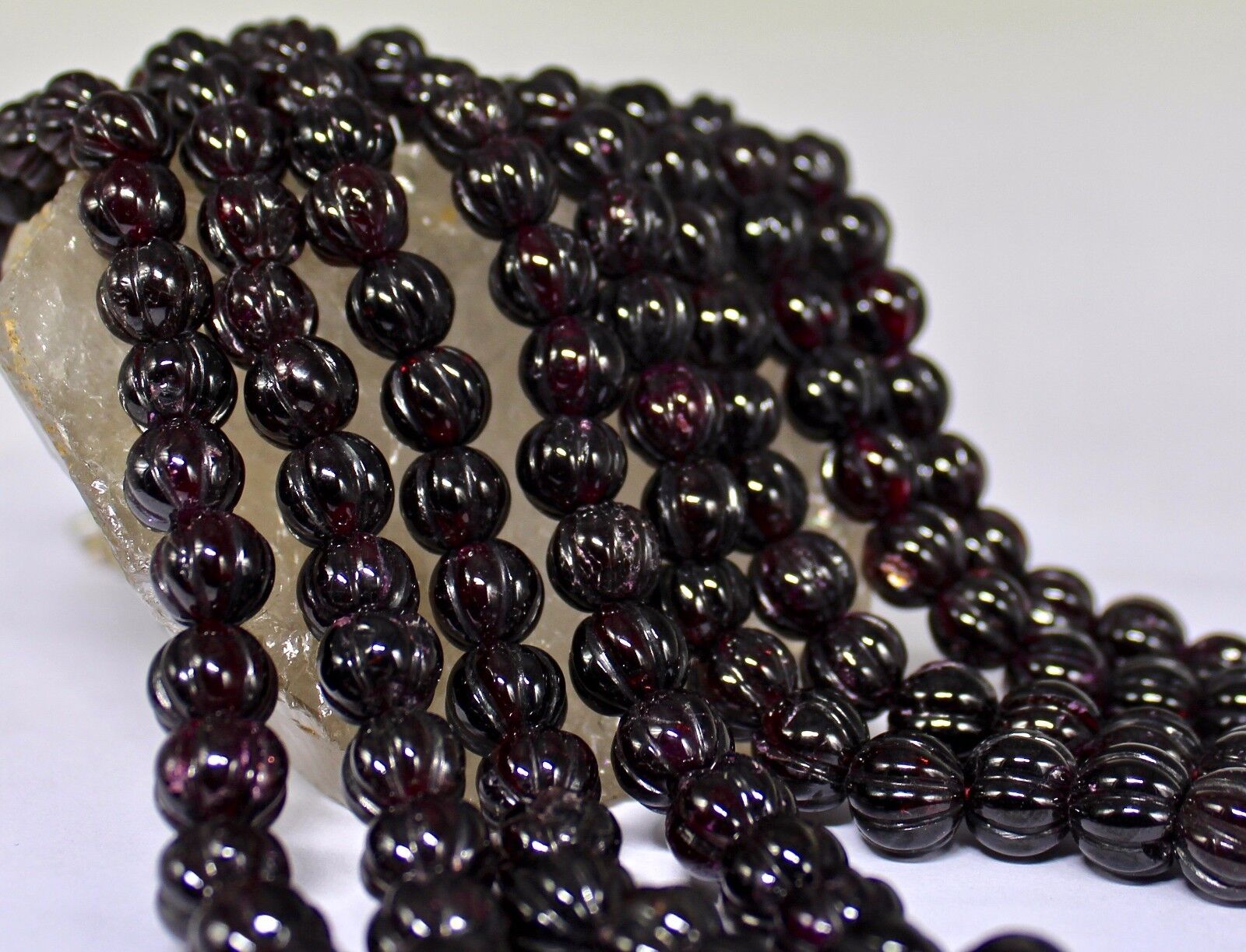 NATURAL GARNET BEADS CARVED MELON 4 LINE 2392 CARATS NECKLACE WITH SILVER HOOK 