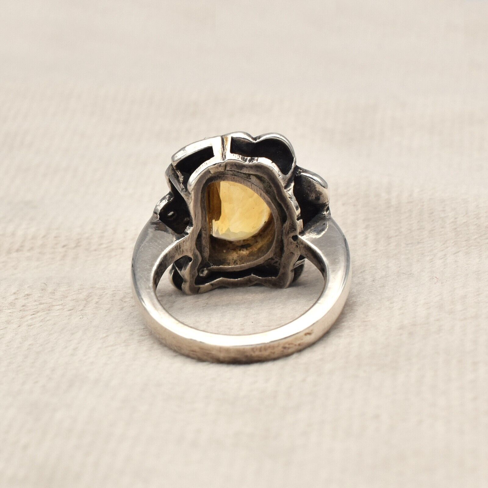 Vintage Natural Yellow Citrine Diamond 18K Gold Silver Victorian Women Ring