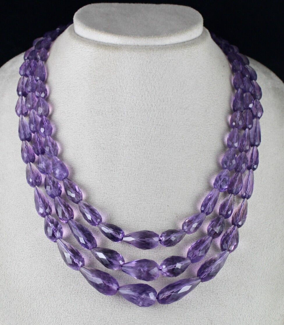 NATURAL PURPLE AMETHYST BEADS TEAR DROPS 3L 764 CARATS GEMSTONE FINEST NECKLACE