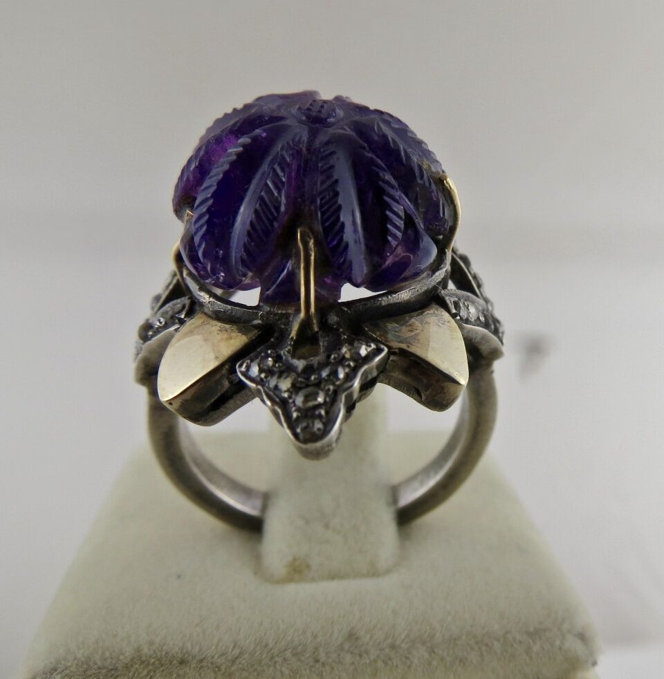 Antique Natural Amethyst Carved Diamond 18K Gold 925 Silver Victorian Ring