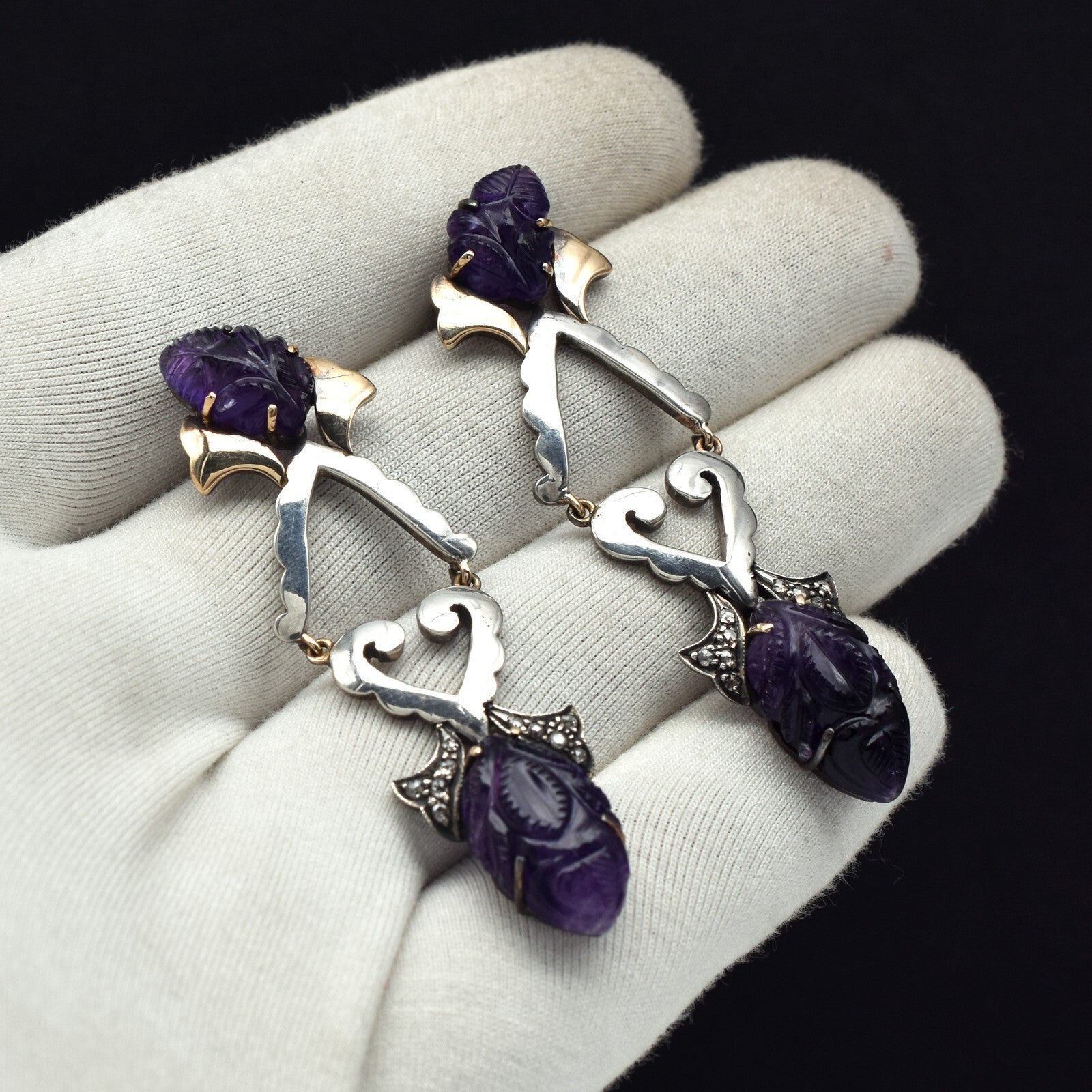 Natural Amethyst Diamond 10ct 18k Gold Sterling Silver Victorian Dangle Earrings