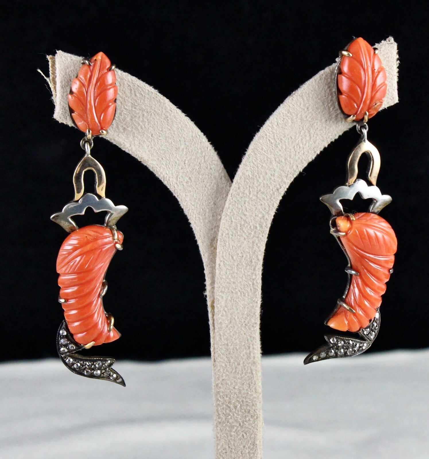 Estate Victorian Natural Red Coral 10ct Natural Diamond Sterling Silver Earrings
