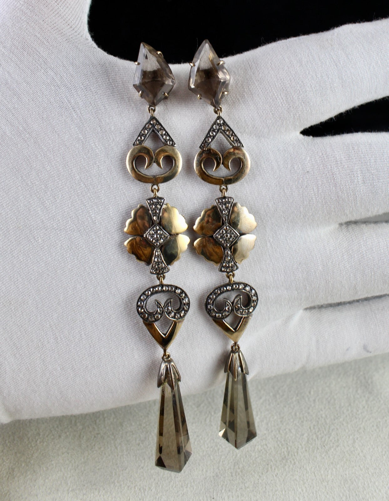 Certified Victorian Smoky Quartz 10ct Natural Diamond 18k Gold Sterling Earrings