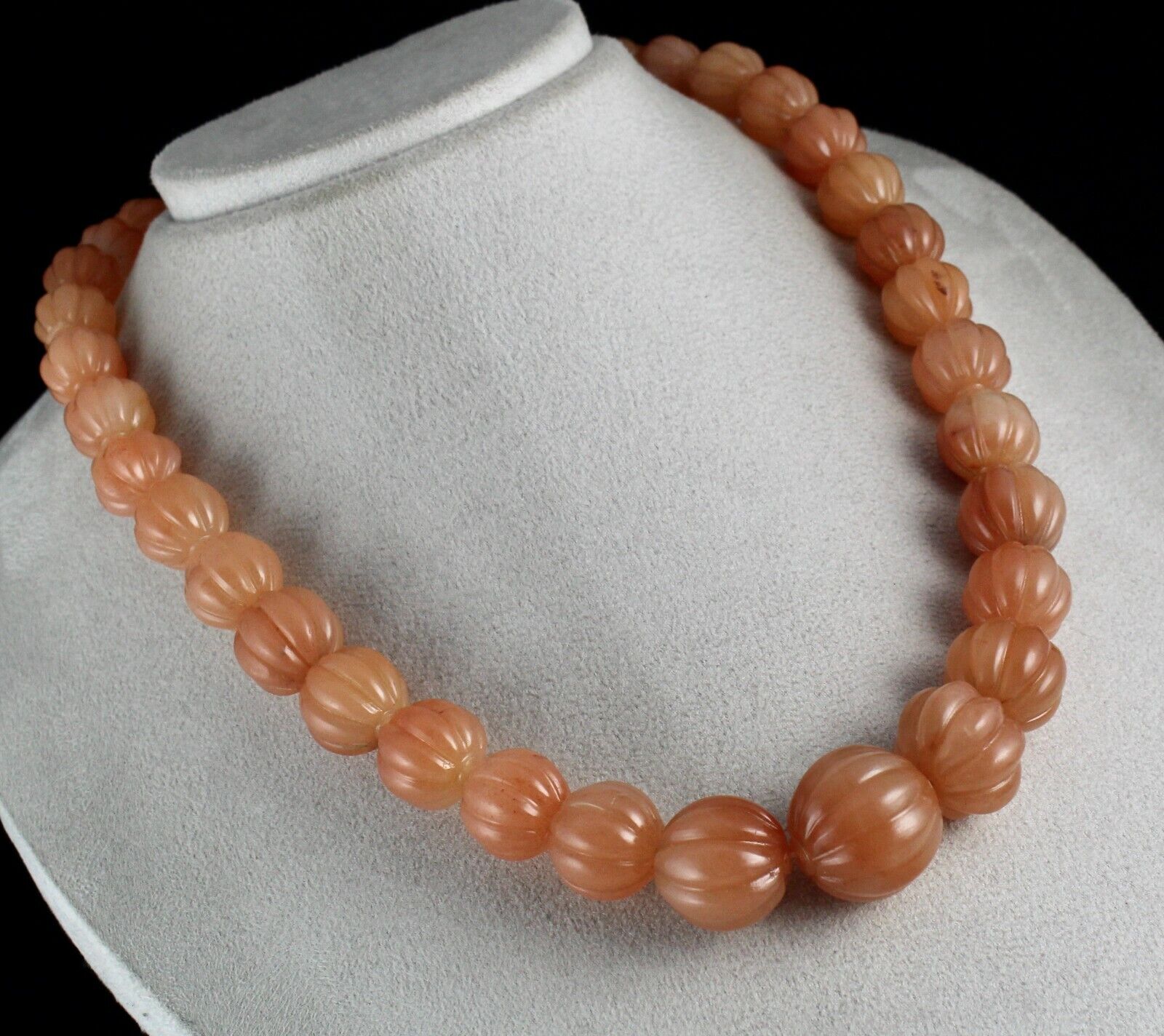 Natural Orange Quartz Carved Melon Beaded Necklace 1072 Carat Stone Silver Clasp