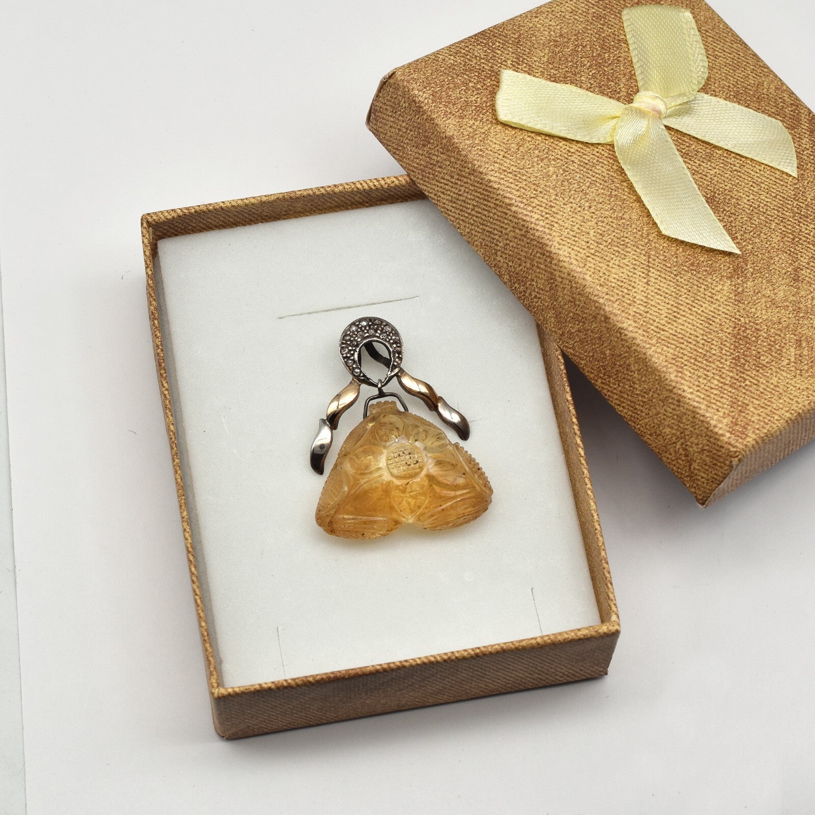 Natural Vintage Citrine Diamond 68.5ct 18k Gold & 925 Sterling Silver Pendant