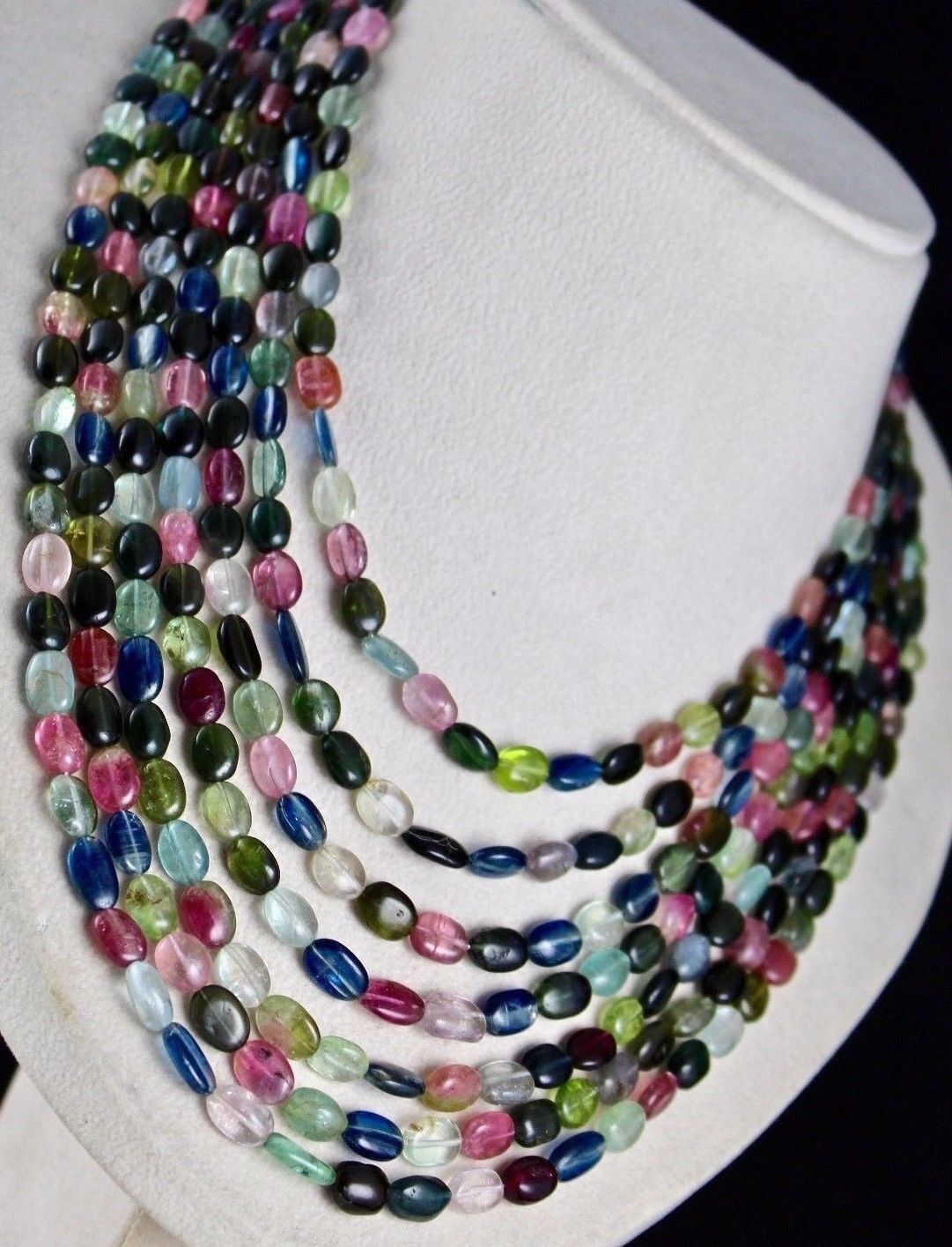 NATURAL MULTI TOURMALINE BEADS CABOCHON 7 LINE 700 CARATS GEMSTONE NECKLACE 