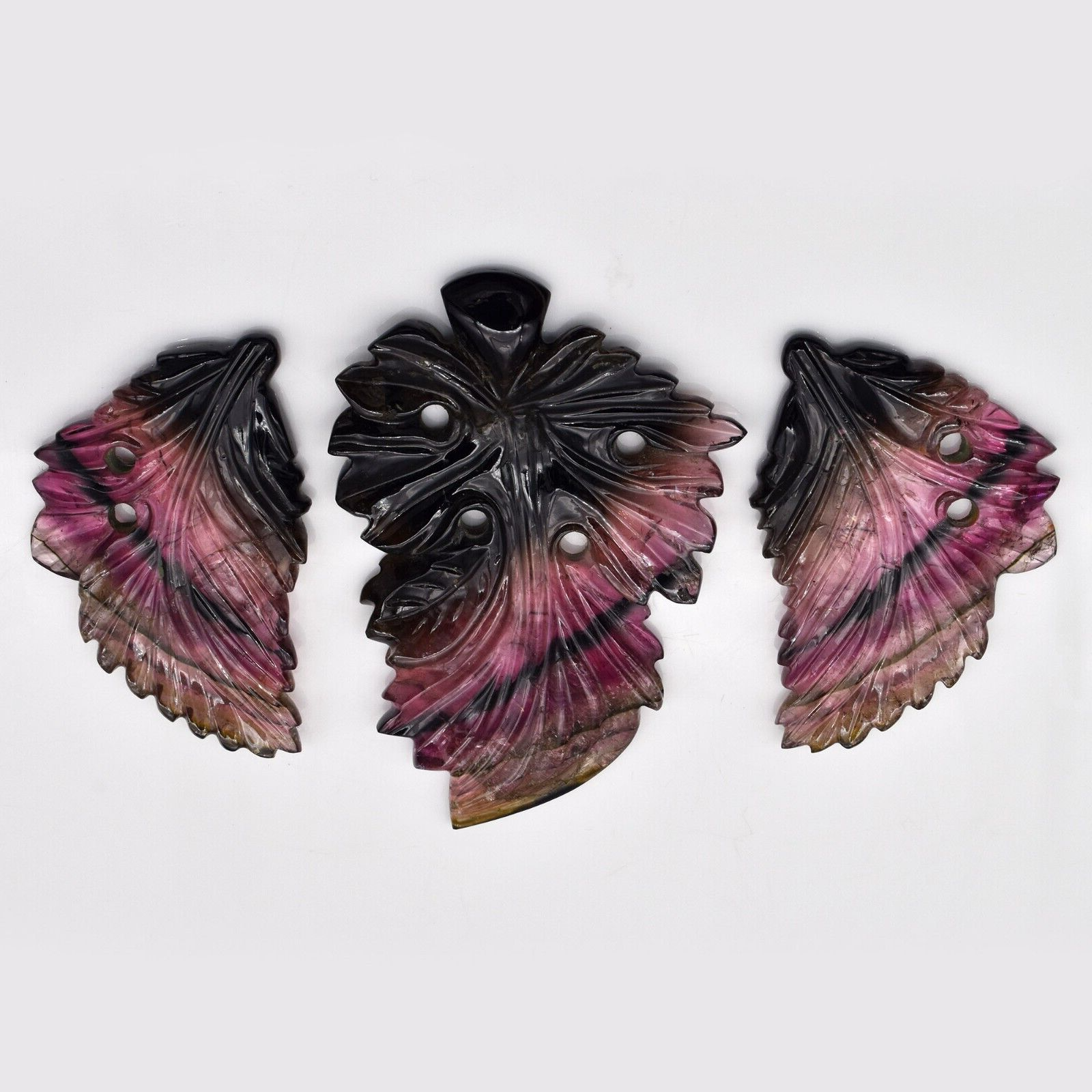 Certified Natural Multi Tourmaline 216 Ct Engraved Leaves Earring Pendant Set
