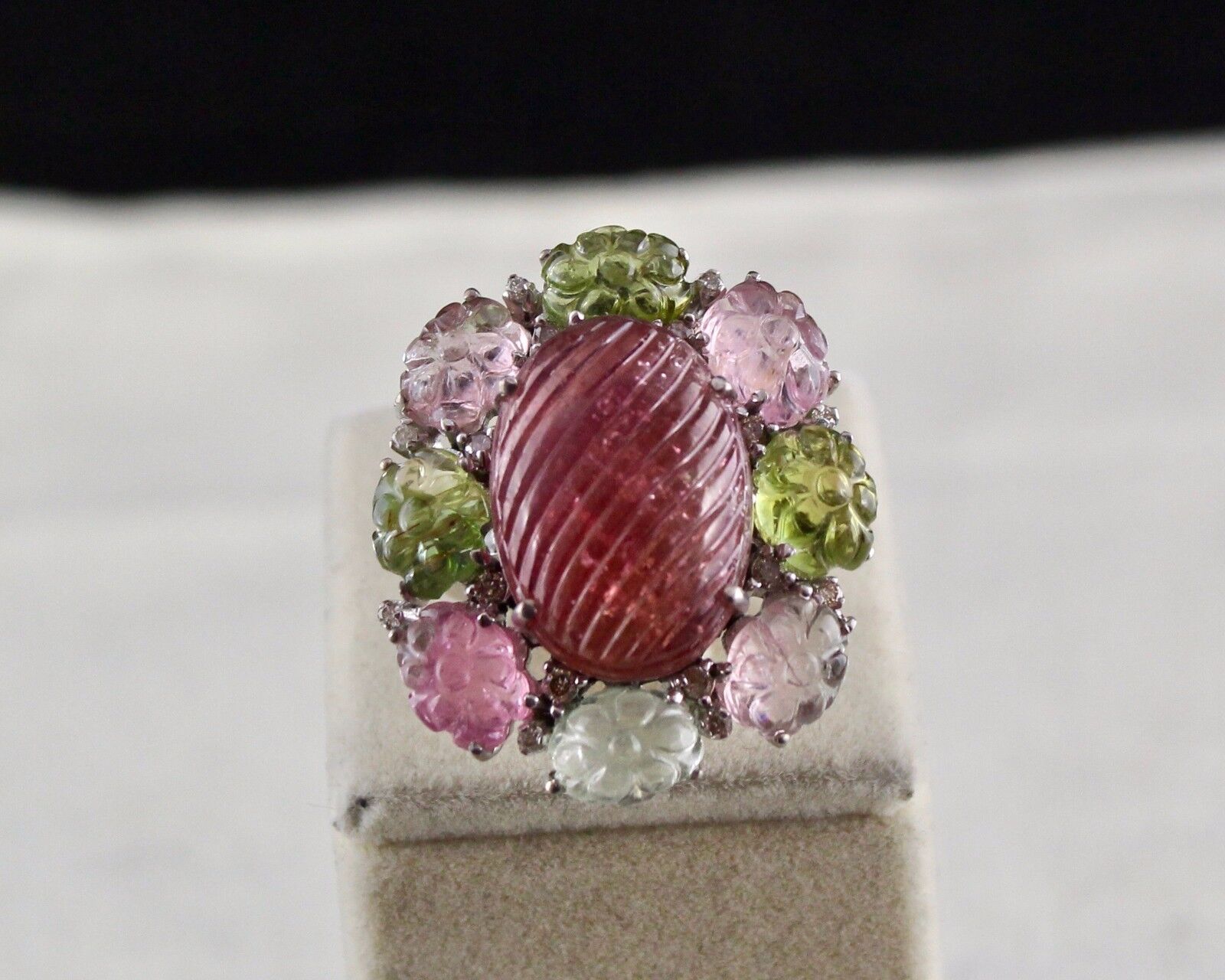 Exclusive Natural Multi Tourmaline Carved Gemstone Diamond Silver Statement Ring