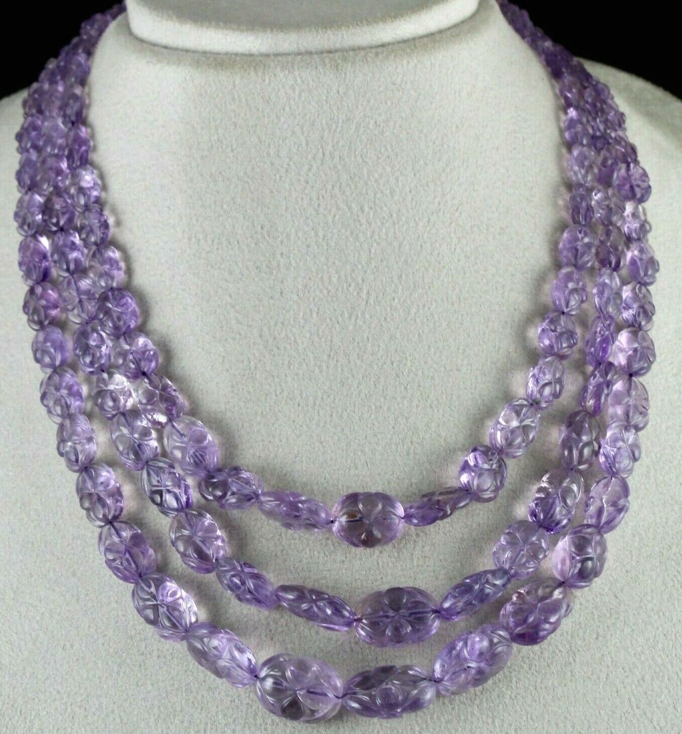 Natural Amethyst Beads Engraved 3 L 529 Ct Purple Gemstone Vintage Necklace