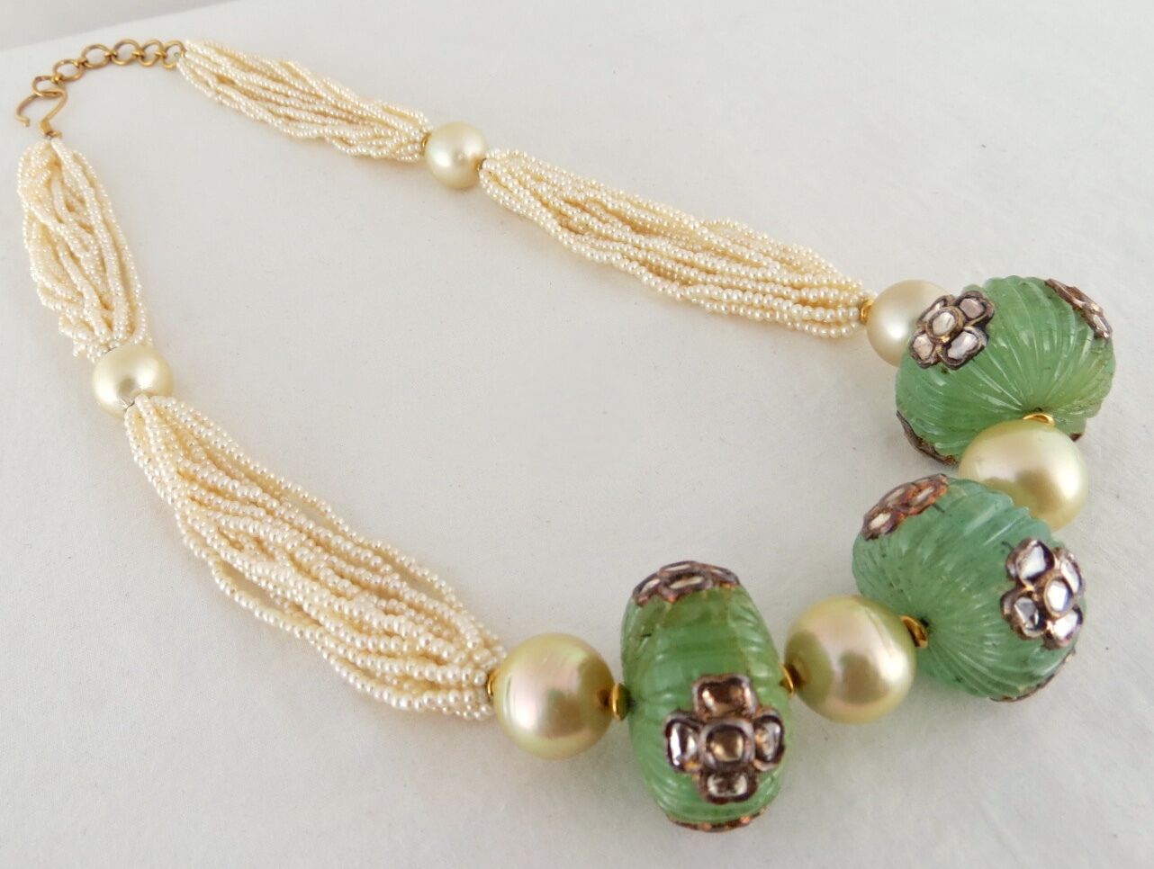 NATURAL COLOMBIAN EMERALD MELON DIAMOND JADAU PEARL BEADS 18K GOLD NECKLACE