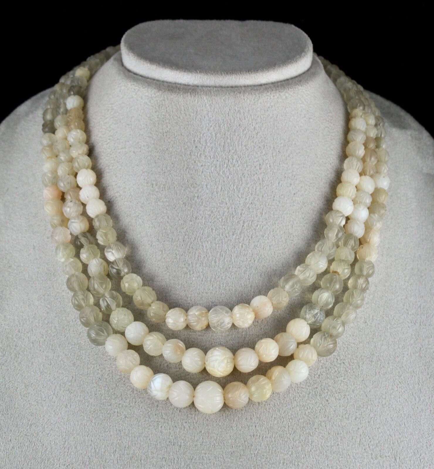 NATURAL MULTI MOONSTONE BEADS CARVED 3 LINE 667 CTS GEMSTONE LADIES NECKLACE