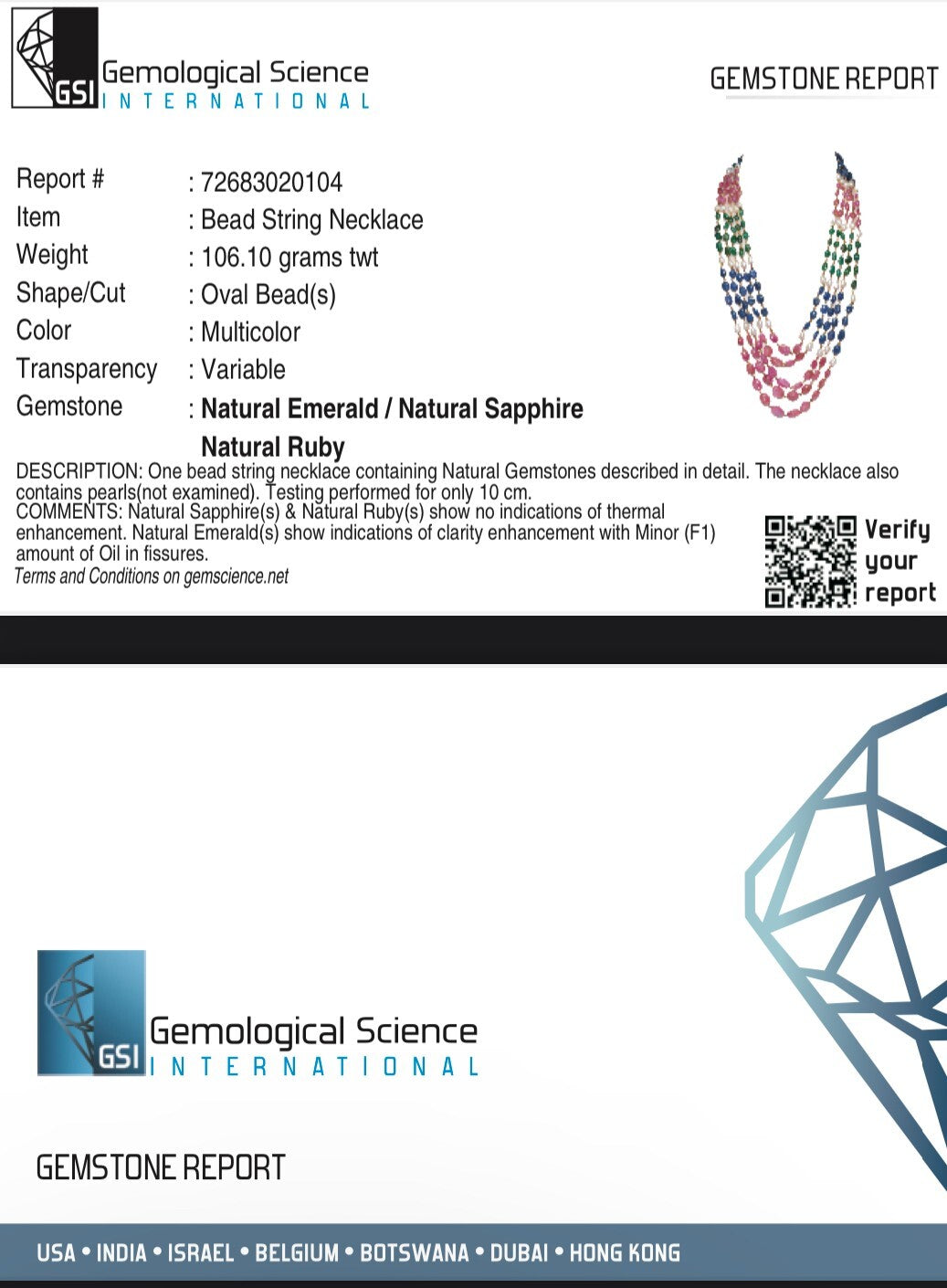 Certified 505 Ct Natural Ruby Blue Sapphire Emerald Pearl 18k Gold Necklace