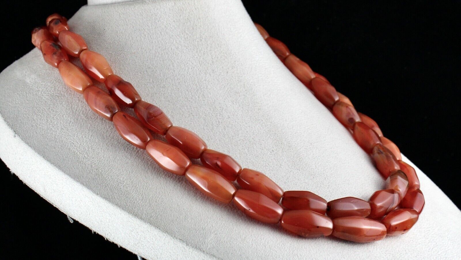 RED NATURAL CARNELIAN BEADS BARREL 2 LINE 1247 CARATS GEMSTONE FASHION NECKLACE