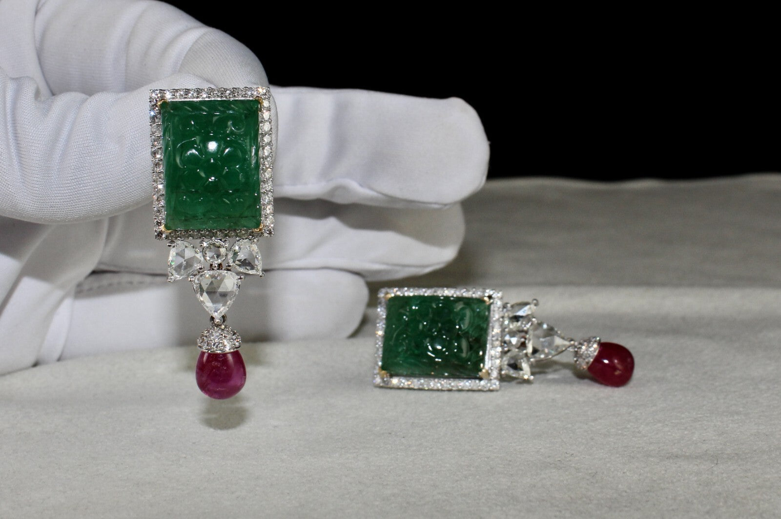Certified 18k Gold Natural Zambia Emerald 119.2ct Ruby Diamond Earrings