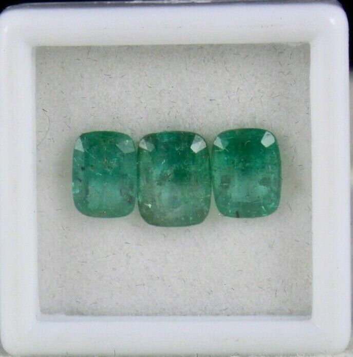 NATURAL ZAMBIAN EMERALD CUSHION CUT GEMSTONE 3 PIECES 4.17 CARATS FOR DESIGNING