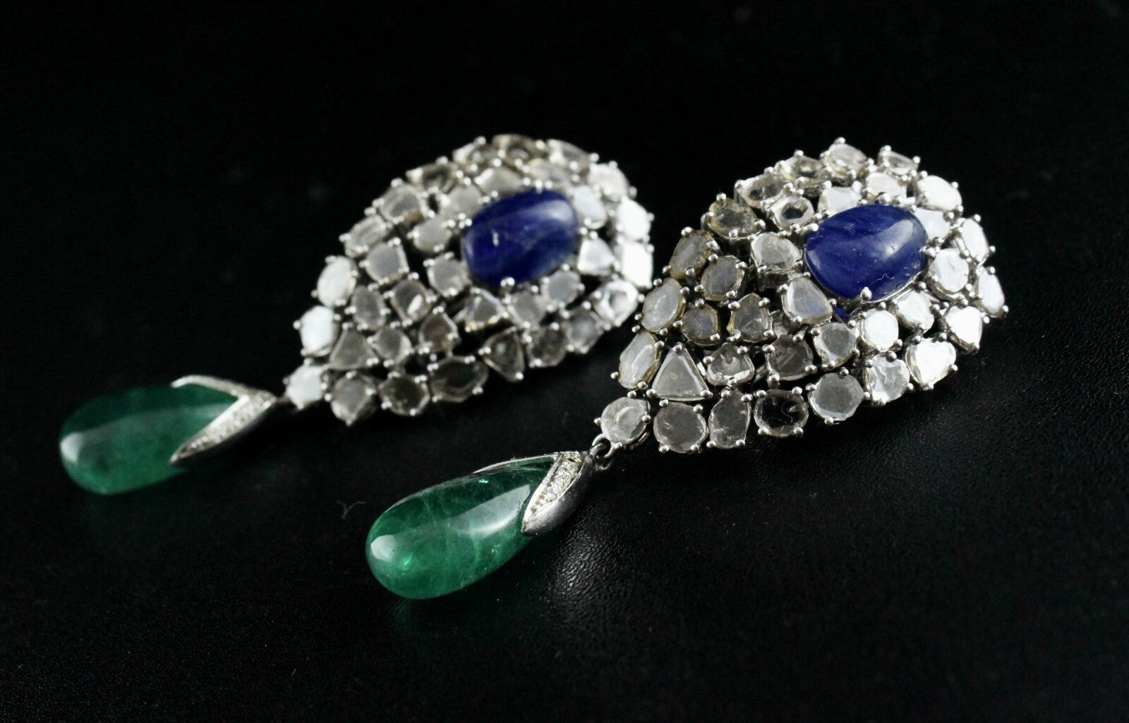 Certified Natural Blue Sapphire 10ct Emerald Cabochon Diamond 18k Gold Earrings