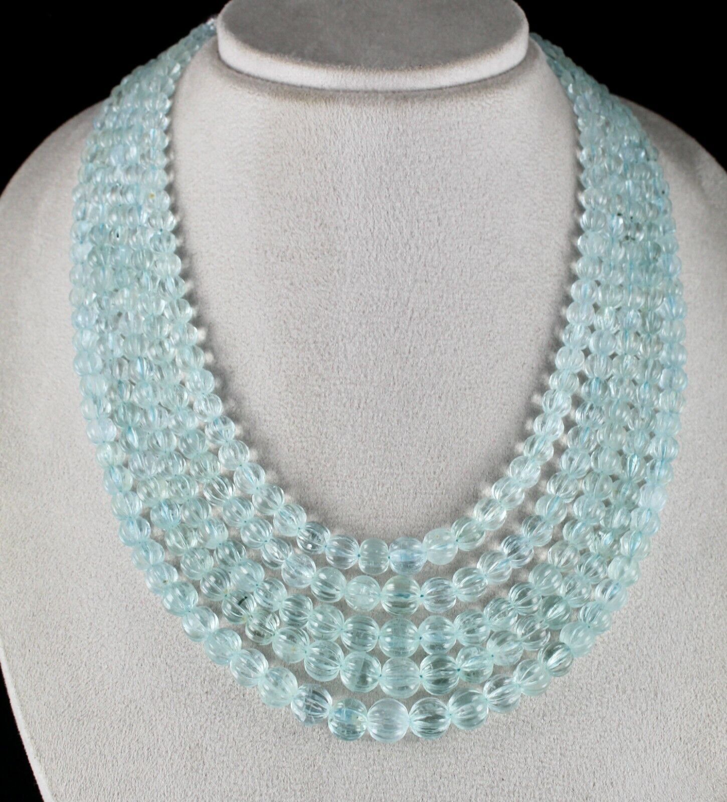 NATURAL AQUAMARINE BEADS CARVED 5 LINE 873 CARATS LADIES GEMSTONE MELON NECKLACE