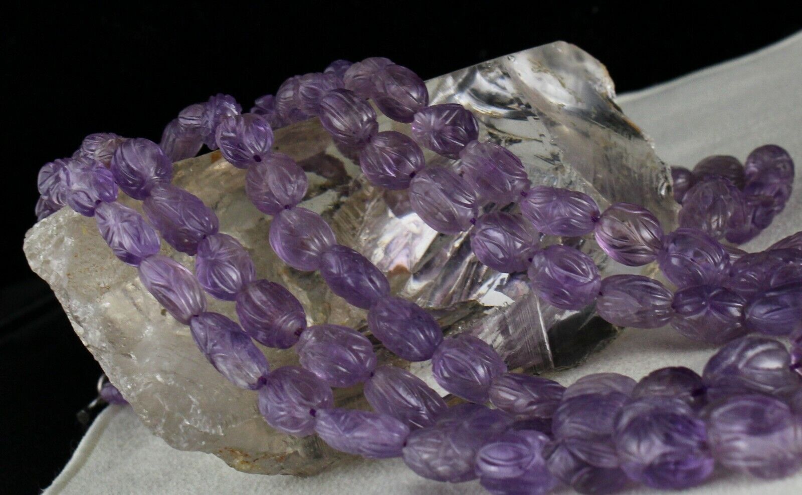 ANTIQUE NATURAL AMETHYST BEADS CARVED 3 LINE 716 CARATS GEMSTONE SILVER NECKLACE