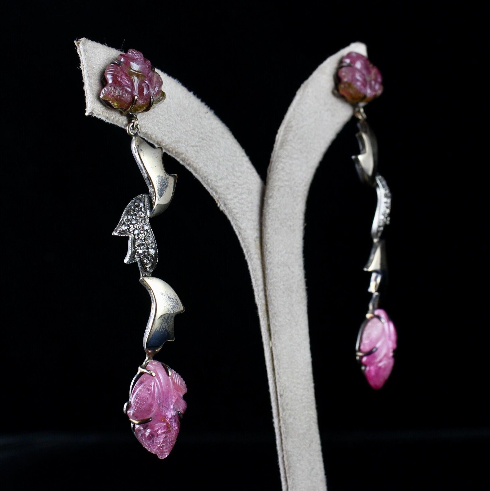 NAURAL PINK TOURMALINE CARVED DIAMOND 18K GOLD  925 SILVER VICTORIAN EARRING