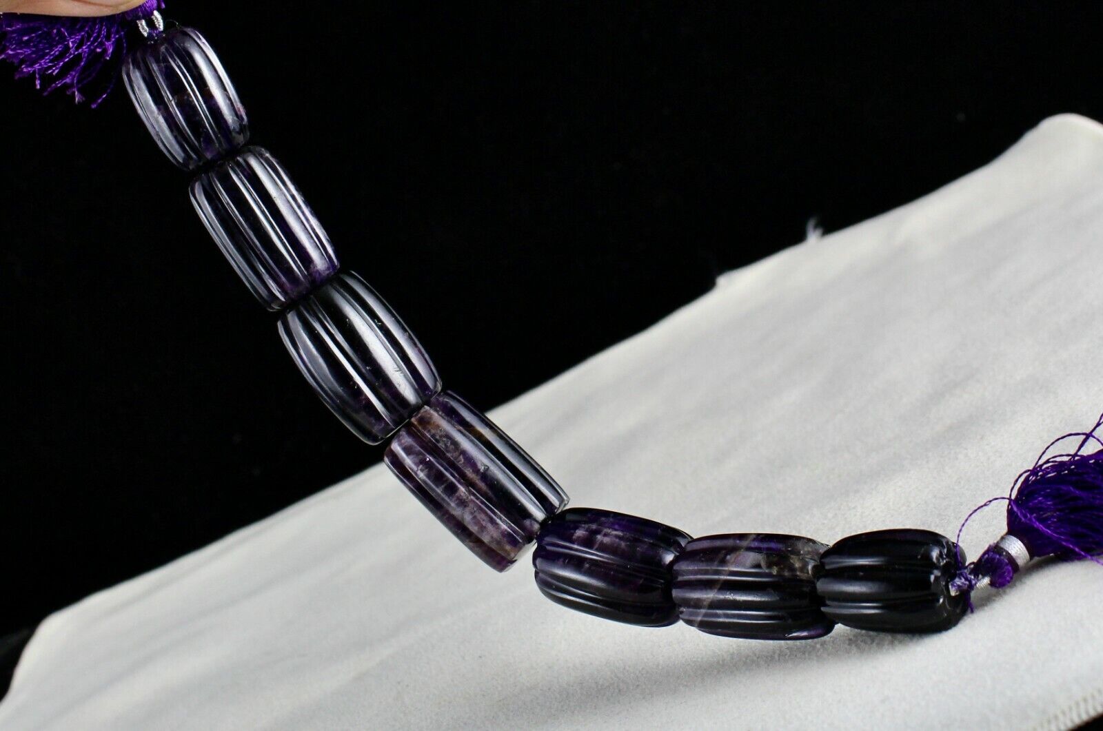 NATURAL AMETHYST BEADS CARVED LONG 7 PCS 465 CARATS GEMSTONE DESIGNING JEWELS