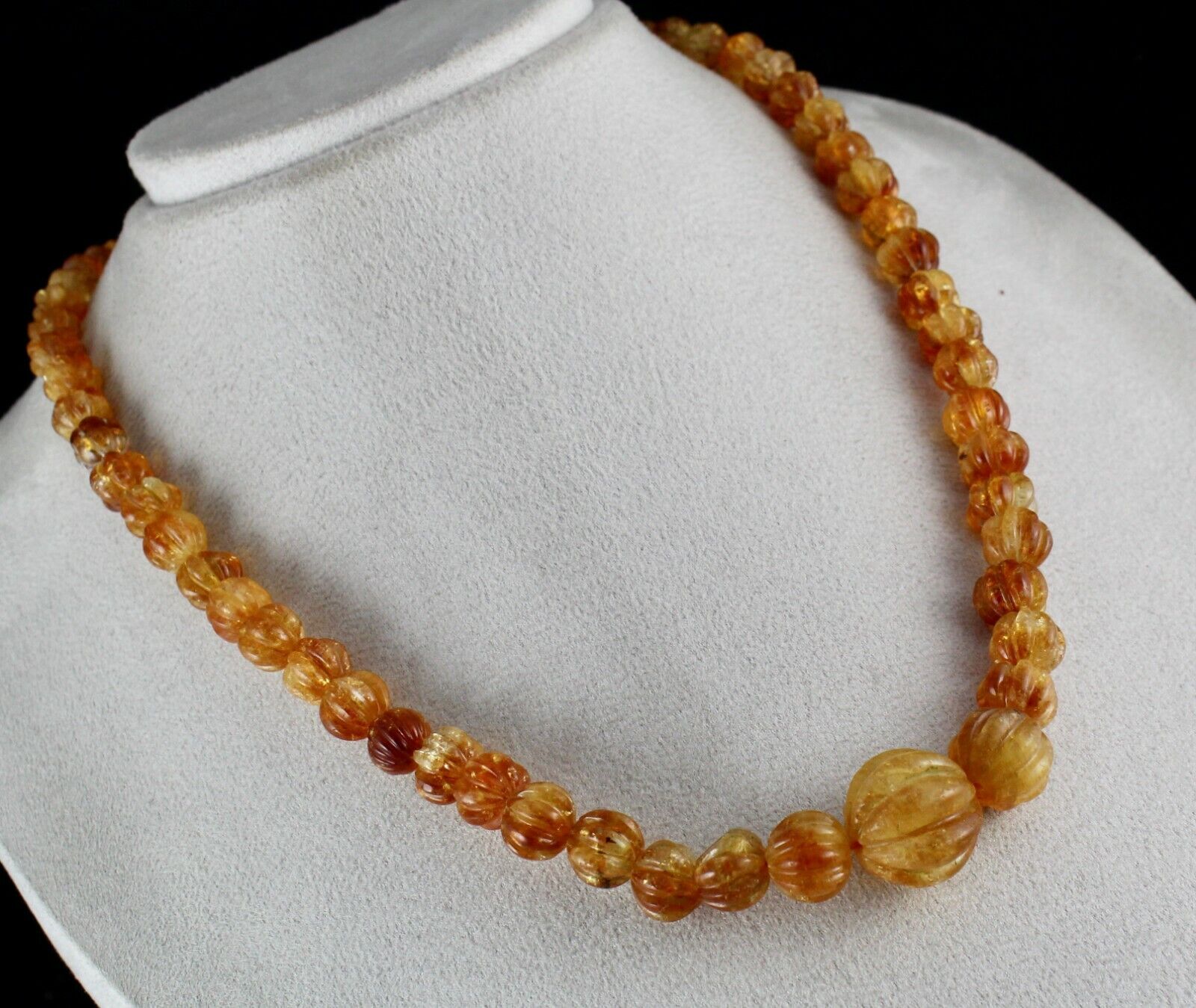 Natural Citrine Carved Beaded Necklace 390 Carats Round Gemstone Silver Clasp