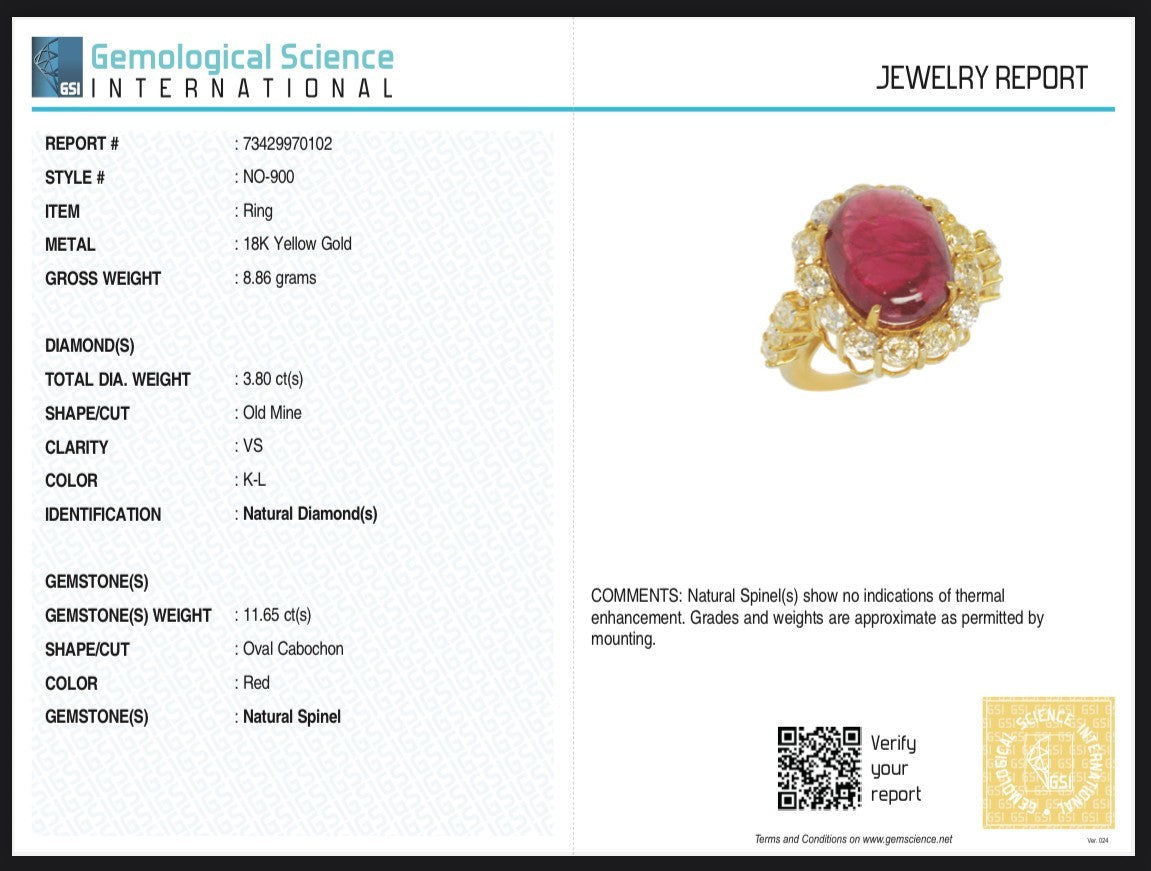 Certified Vintage 18k Gold Red Spinel Cabochon Natural Diamond Ring